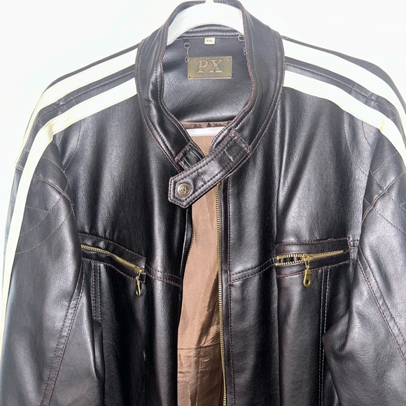 Men's Black Leather Jacket with Stripes - Picture 2 of 12